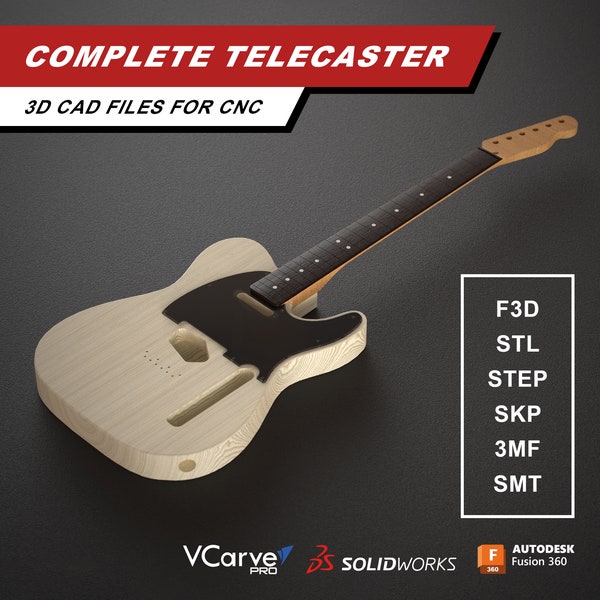 Telecaster Electric Guitar Body Neck and Pickguard | 3D CAD Files for CNC | f3d stl step skp