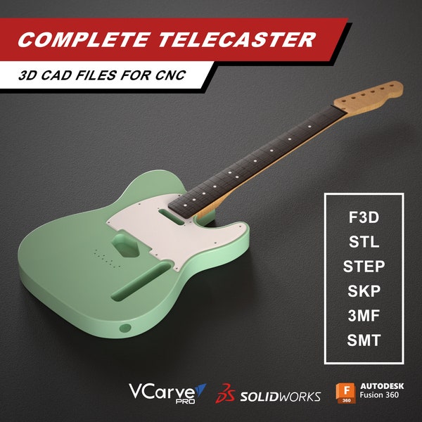 Telecaster Electric Guitar | Body Neck and Pickguard | 3D CAD Files for CNC | f3d stl step skp