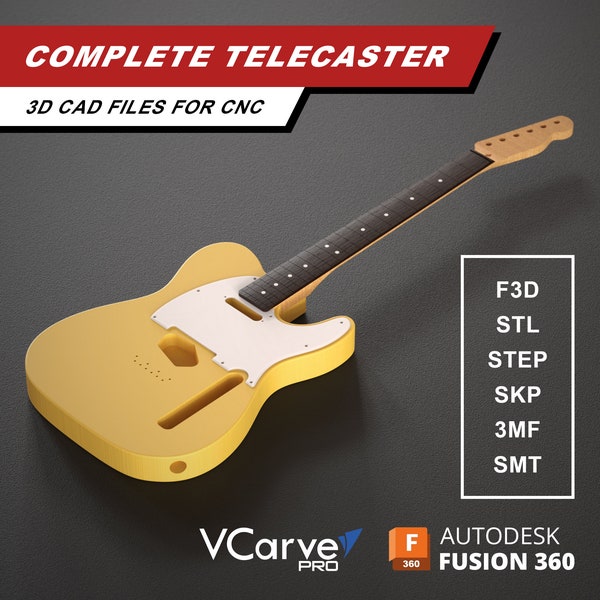 Telecaster Electric Guitar | Body Neck Fretboard Pickguard | 3D CAD Files for CNC | f3d stl step skp