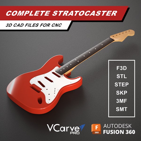 Guitare électrique Stratocaster | Corps, manche, plaque de protection, plaque arrière | Fichiers CAO 3D pour CNC | f3d stl étape skp