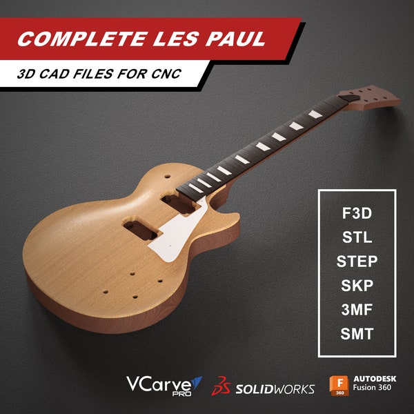 Les Paul Electric Guitar | Body Neck Pickguard and Backplate | 3D CAD Files for CNC | f3d stl step skp
