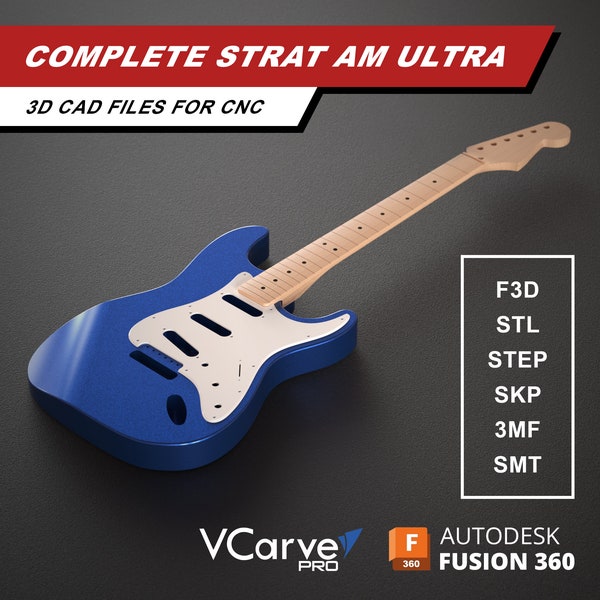 Stratocaster American Ultra Electric Guitar | Body Neck Fretboard Pickguard  | 3D CAD Files for CNC | f3d stl step skp