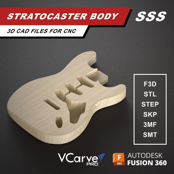 Stratocaster Electric Guitar | Body SSS Pickguard Backplate | 3D CAD Files for CNC  | f3d step skp stl