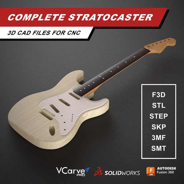Stratocaster Electric Guitar Body Neck Pickguard Backplate | 3D CAD Files for CNC | f3d stl step skp