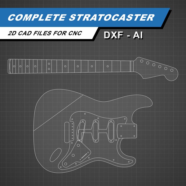 Stratocaster Electric Guitar | Body Neck and Pickguard | 2D CAD Files for CNC | dxf ai