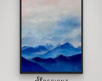 Impresión de montañas azules brumosas, arte mural minimalista con paisaje, decoración serena para el hogar