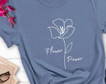 Camiseta Flower Power, camiseta minimalista con estampado floral lineal, camiseta botánica bohemia, regalo ecológico para jardineros.