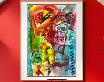 Impresión abstracta de acuarela de jardín, arte mural colorido y no figurativo, póster de arte moderno vibrante, decoración de pared sin marco