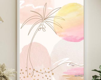 Impresión artística minimalista de palmeras, escena de playa abstracta en tonos pastel