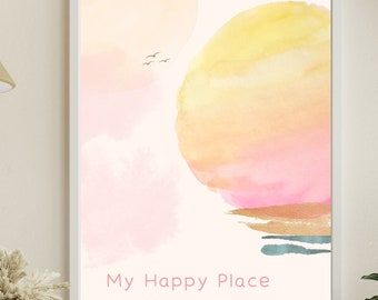 Impresión artística minimalista abstracta de atardecer en la playa en tonos pastel - Decoración de pared My Happy Place, póster de acuarela de un tranquilo atardecer en la playa