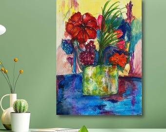 Lienzo estampado floral en acuarela llamativa, decoración bohemia para el hogar en rojo y azul.