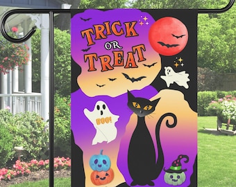 May include: Halloween garden flag with a black cat, ghosts, pumpkins, and the words "Trick or Treat." The flag has a purple and orange gradient background with bats and a red moon. A festive decoration for the spooky season.