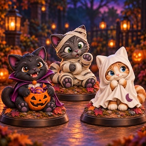 Puede incluir: Tres figuras de gatos sobre bases circulares: un gato negro con capa de vampiro morada sosteniendo una calabaza, un gato atigrado gris envuelto en vendas de momia blancas y un gato atigrado naranja con una sábana de fantasma blanca.
