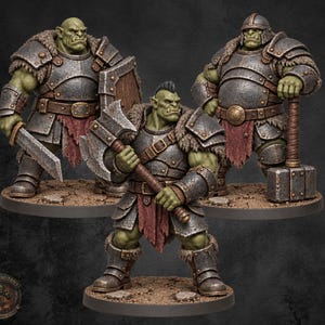 May include: Three green-skinned orc miniature figures wearing weathered metal plate armor with fur-lined pauldrons and red fabric loincloths. One orc holds a large battle axe, another carries a wooden shield and sword, and the third wields a heavy hammer.