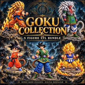 Può includere: Una collezione digitale di cinque figure del personaggio Goku in varie forme, incluso Super Saiyan, con abiti dettagliati e basi sceniche. Il testo recita GOKU COLLECTION 5 FIGURE STL BUNDLE e SCENIC BASES INCLUDED DIGITAL DOWNLOAD.