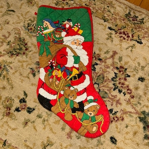 Vintage 80s Christmas Stocking Santa Teddy Bears Candy Canes Toys Quilted 19” X 8”