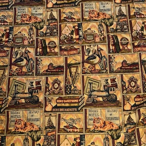 May include: A tapestry fabric featuring a repeating pattern of vintage illustrations. The design includes books, clocks, ducks, and text that reads "Home Sweet Home" and "Gone Fishing." The colour palette is dominated by warm tones of brown, gold, and burgundy.