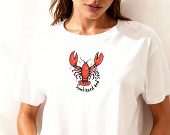 Women’s Lobster Crop Top | Graphic Cotton Tee | Soft Cropped Shirt with Playful Print Design