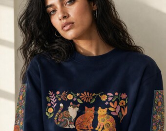 Organic Cotton Navy Unisex Eco Sweatshirt – Whimsical Cat Graphic Crewneck, Sustainable Streetwear