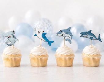 Shark cupcake toppers shark party decorations shark birthday decorations ocean birthday under the sea beach party decor shark theme birthday