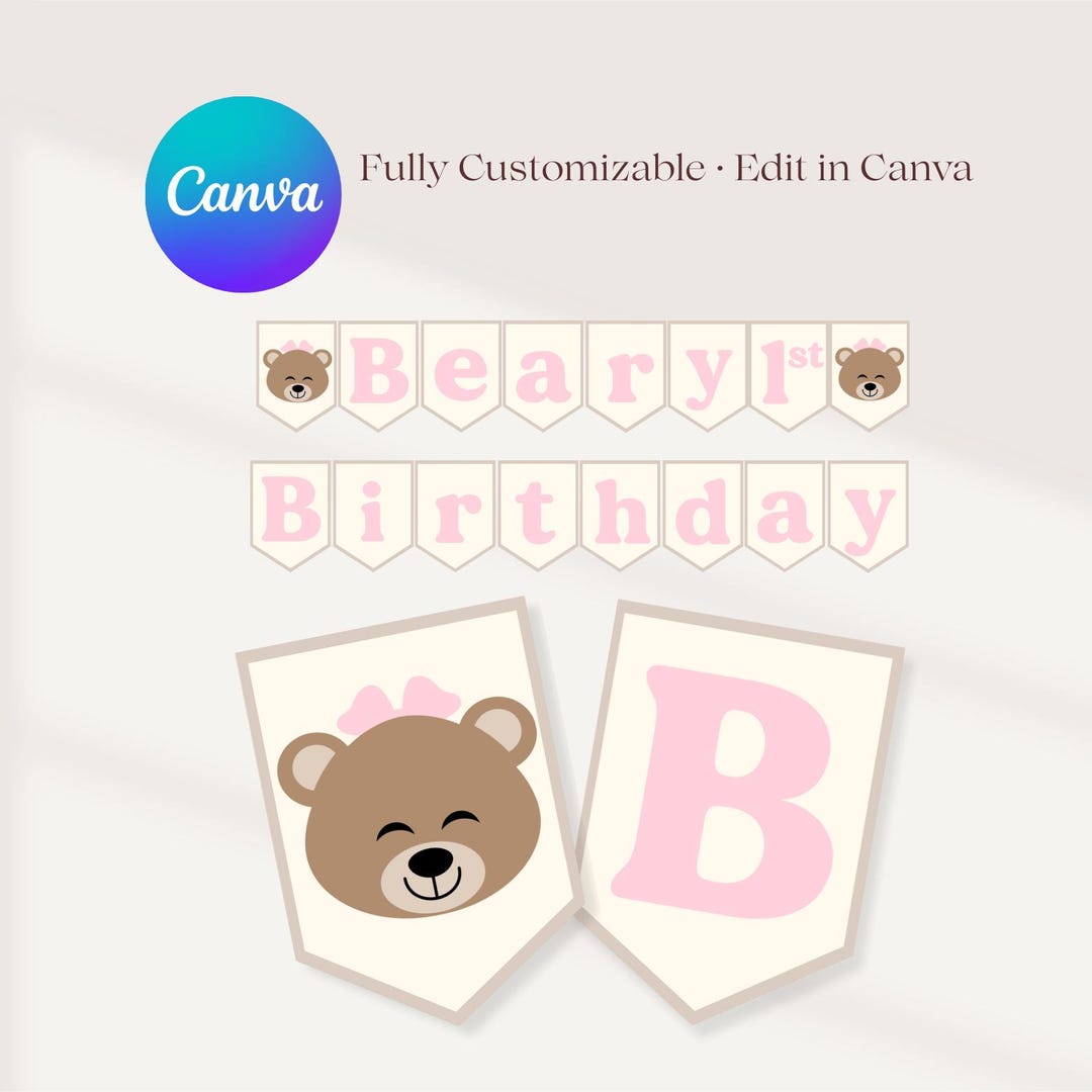 Editable Beary First Birthday Banner Bear Birthday Banner Custom ...