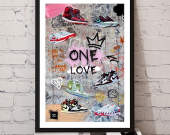 One Love Sneaker Art Print - Printable Wall Art, Sneakerhead Art, Jordan 1, Air Max 1, Streetwear Decor, Graffiti Art, Sneaker Lover Gift