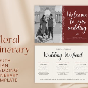 May include: A wedding invitation with a black and white photo of a couple walking with their dog. The invitation is for a South Asian wedding weekend with events including a Sangeet, Ceremony, and Reception. The text on the invitation reads "Welcome to our wedding" and "Shreya + Vikram, July 29-31, 2021, San Francisco, CA".