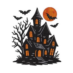 May include: A black haunted house with orange glowing windows and door, silhouetted against a full orange moon. Three bats fly around the house and a bare tree is on the left. Halloween theme.