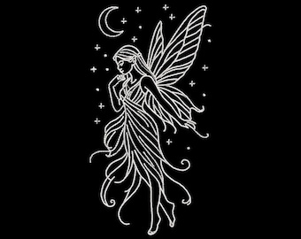 May include: A white line drawing of a fairy on a black background. The fairy has long hair, wings, and is wearing a flowing dress. A crescent moon and stars are in the background.