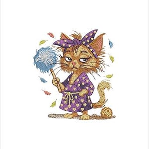 May include: Embroidered image of a cat wearing a purple robe with heart patterns and a matching headband. The cat holds a blue duster and stands near a ball of yarn. Colorful leaves are scattered around the cat.