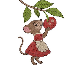 Cherry Mouse Machine Embroidery Design: Adorable Animal, 8 Formats (Digital File)