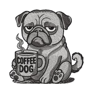 Grumpy Pug broderidesign: Kaffe, 5 storlekar (digital fil)