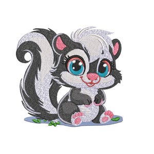 May include: Embroidered design of a cartoon skunk. The skunk has black and white fur, large blue eyes, and pink accents on its ears and paws. It is sitting on a small patch of green grass.