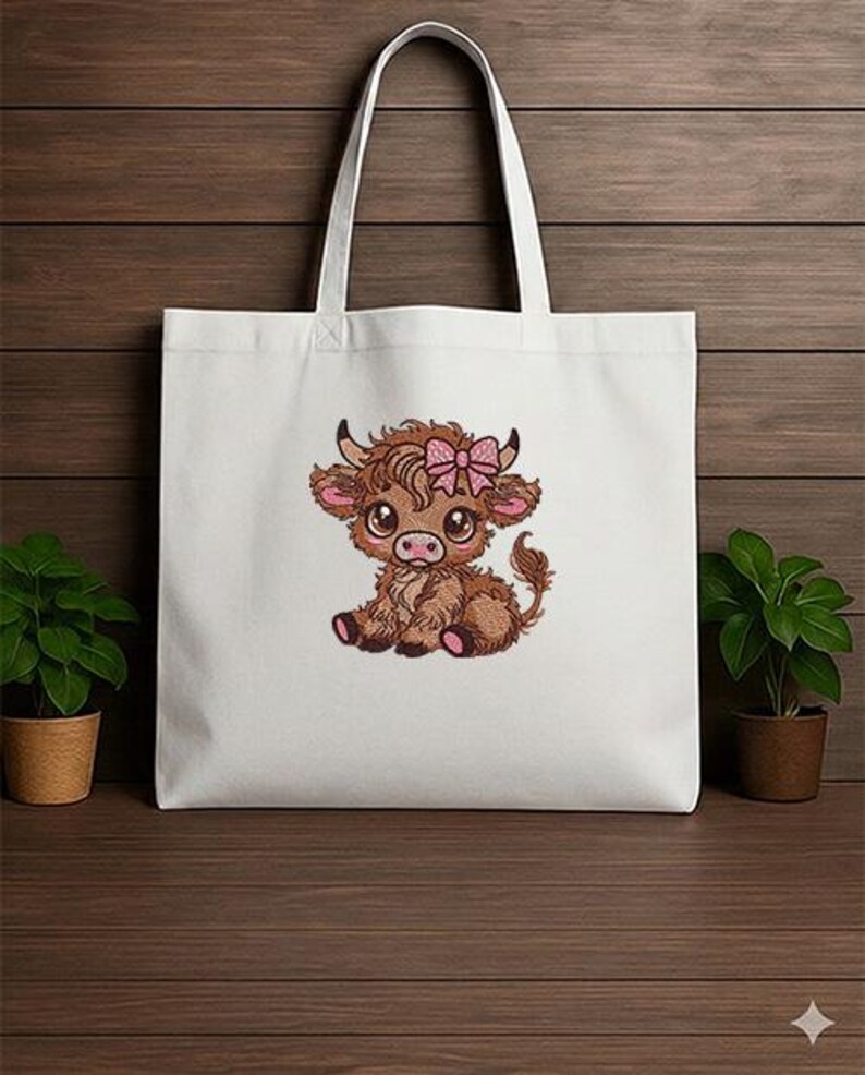 May include: White tote bag with an embroidered cartoon Highland cow wearing a pink bow. The cow is brown with pink details. The bag has white handles and is made of a durable fabric. Ideal for carrying books, groceries, or everyday items.