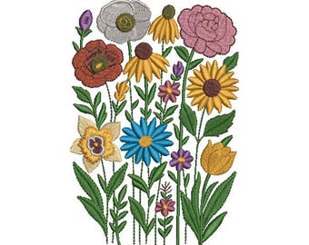 Blooming Flowers Machine Embroidery Design: Field of Flowers (Digital File, 5 Sizes, 8 Formats)