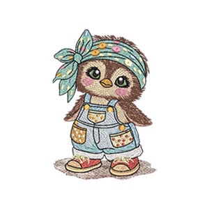 Op de afbeelding: Een charmante cartoonuil met een blauwe spijkerbroek met zakken met patronen en rode sneakers. De uil heeft een turquoise hoofdband met een strik en een bruin en bruin gevederd lichaam. De uil heeft roze wangen en grote groene ogen.