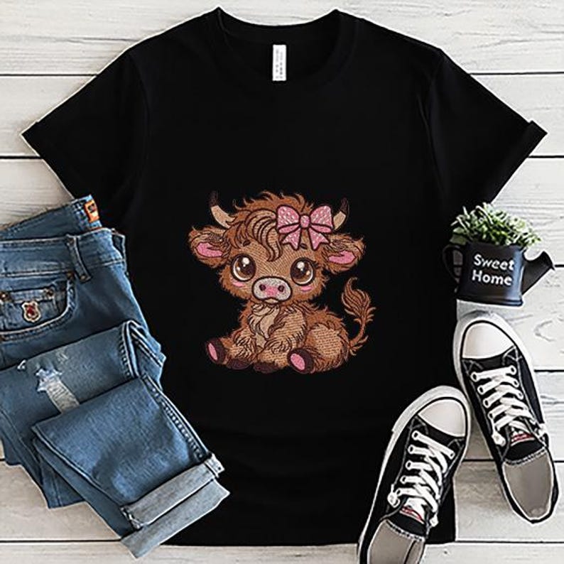 May include: Black t-shirt with an embroidered cartoon Highland cow wearing a pink bow. The cow has large eyes and is sitting. The shirt is styled with blue jeans and black and white trainers. A small decorative watering can with the words "Sweet Home" is also present.
