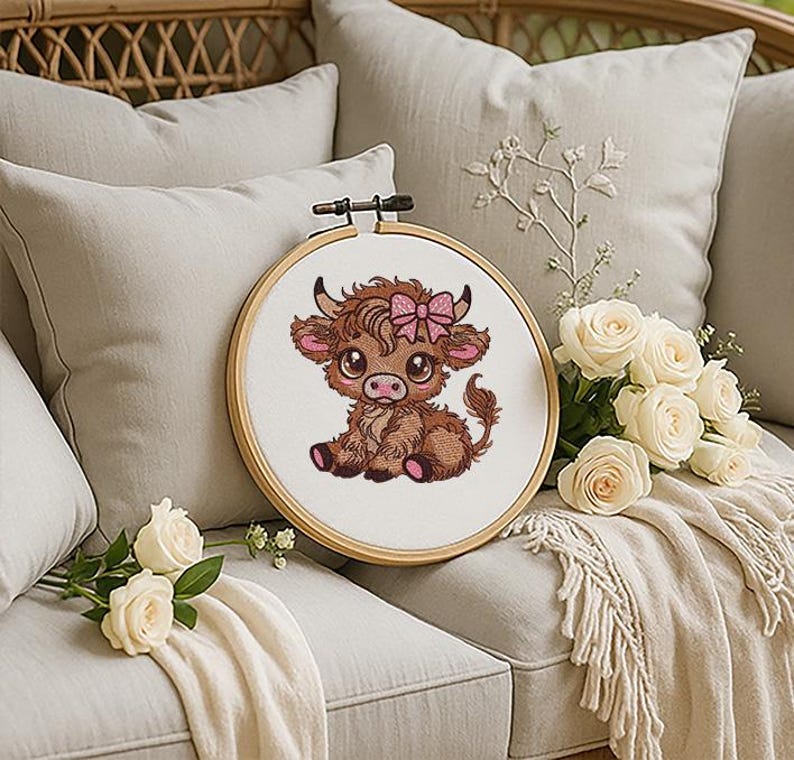 May include: A cross-stitch embroidery hoop showing a cartoon Highland cow with a pink bow. The cow is brown and pink, with large eyes. The hoop is on a beige sofa with white roses and pillows.
