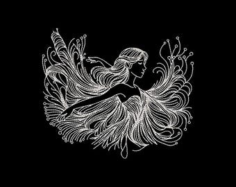 May include: A white line art illustration of a woman with flowing hair and outstretched arms, surrounded by swirling, decorative elements. The design is set against a solid black background, creating a striking contrast.