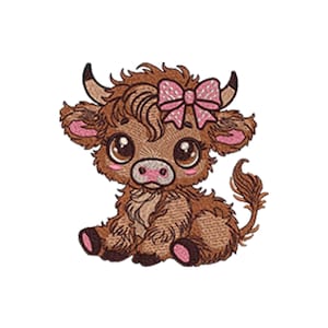 May include: An embroidered design of a cartoon Highland cow in shades of brown, with a pink bow on its head. The cow has large, expressive eyes, pink inner ears, and pink hooves. The design is on a white background.