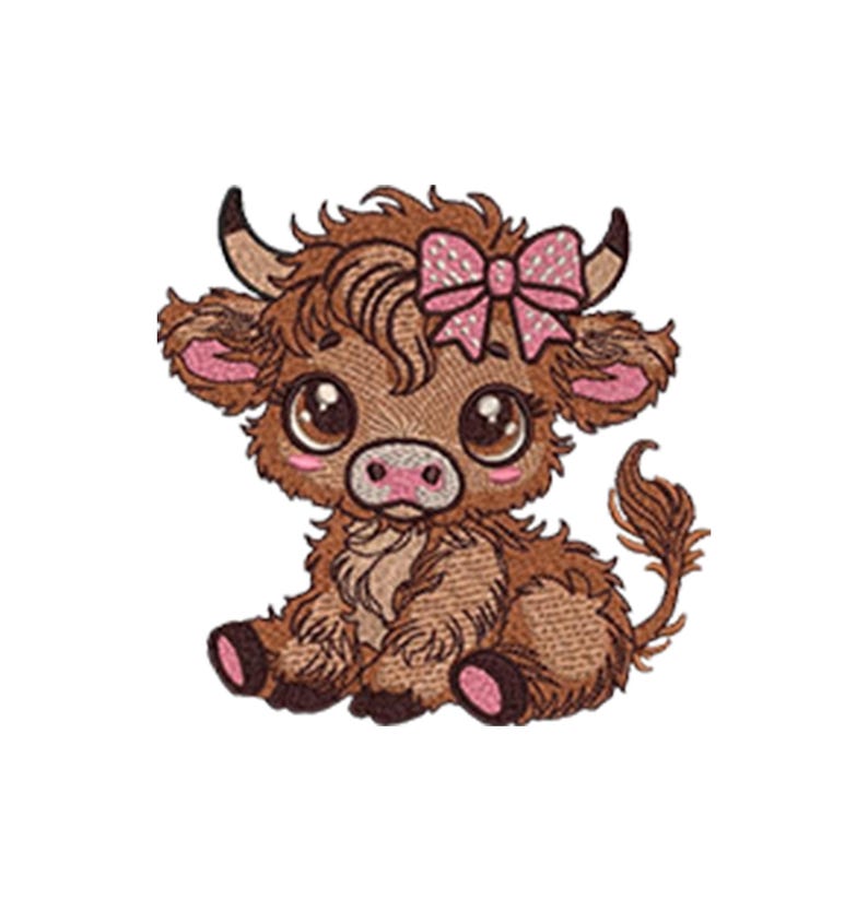 May include: An embroidered design of a cartoon Highland cow in shades of brown, with a pink bow on its head. The cow has large, expressive eyes, pink inner ears, and pink hooves. The design is on a white background.