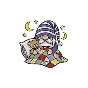 May include: Embroidered patch featuring a sleeping gnome wearing a blue and white striped hat, holding a teddy bear, and covered by a patchwork quilt. Yellow crescent moons and stars are in the background. The patch is on a white background.