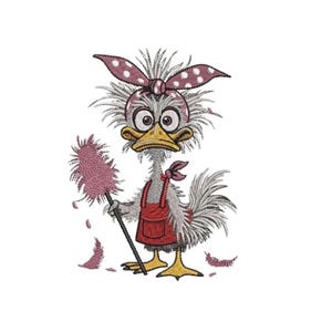 May include: A cartoon illustration of a bird-like character with a pink bow, apron, and duster. The bird has large eyes, a yellow beak, and is holding a pink feather duster. The character is wearing a red apron and a pink bow with white polka dots.