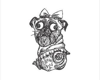 Pug Sketch sketch Machine  Embroidery Design - Puppy Sketch Digital File  (Instant Download, 8 Formats, 5 Sizes)