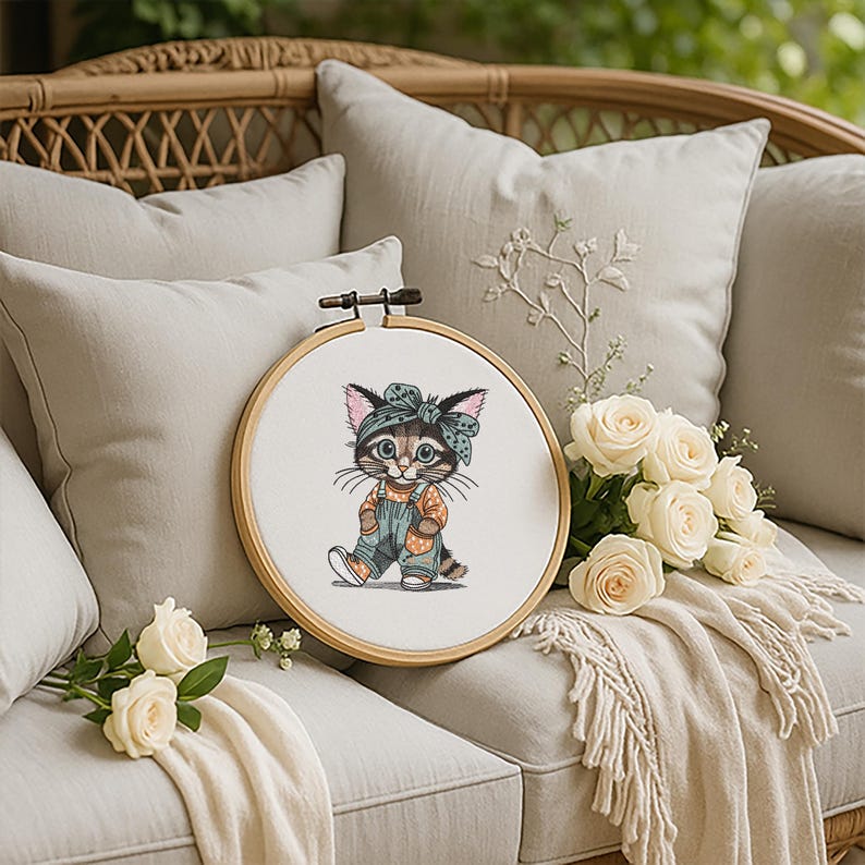 Puede incluir: Un bastidor de bordado de punto de cruz con un gato de dibujos animados con un pa&ntilde;uelo y un peto. El gato est&aacute; en un aro de madera, descansando en un sof&aacute; con almohadas y rosas.