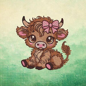 May include: An embroidered image of a Highland cow calf in shades of brown and tan, adorned with a pink bow. The calf features large eyes, pink ears, and a pink nose. The background is a watercolour wash of green and beige.