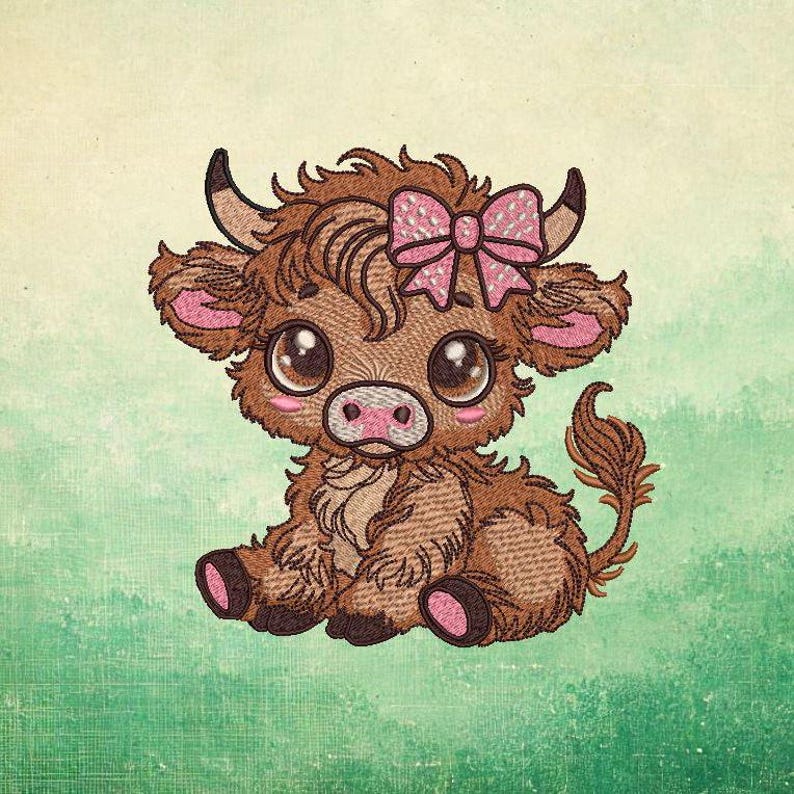 May include: An embroidered image of a Highland cow calf in shades of brown and tan, adorned with a pink bow. The calf features large eyes, pink ears, and a pink nose. The background is a watercolour wash of green and beige.
