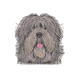 Puede incluir: Un perro negro y gris peludo con la lengua rosa fuera. El perro tiene un pelaje largo y esponjoso y mira directamente al espectador.