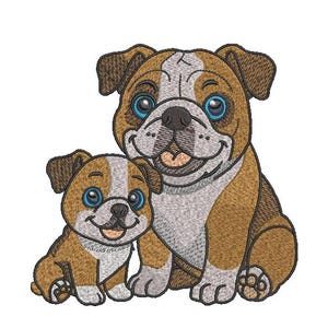 Könnte beinhalten: Ein brauner und weißer Bulldogge mit blauen Augen und einem glücklichen Ausdruck sitzt neben einem kleineren braunen und weißen Bulldoggen-Welpen mit blauen Augen. Beide Hunde sind Illustrationen im Cartoon-Stil.