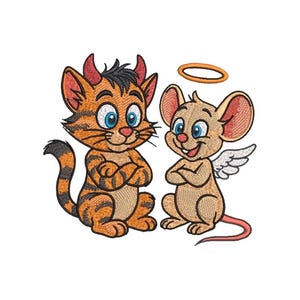 Könnte beinhalten: Gesticktes Design mit einer Cartoon-Katze mit Teufelshörnern und einer Maus mit Engelsflügeln. Die Katze ist orange mit schwarzen Streifen, die Maus ist hellbraun. Beide haben blaue Augen und verschränkte Arme.